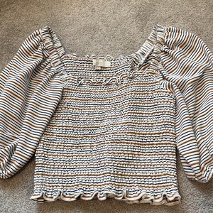 LOFT Striped Smocked Puff Sleeve Crop Top in White, Black & Tan
